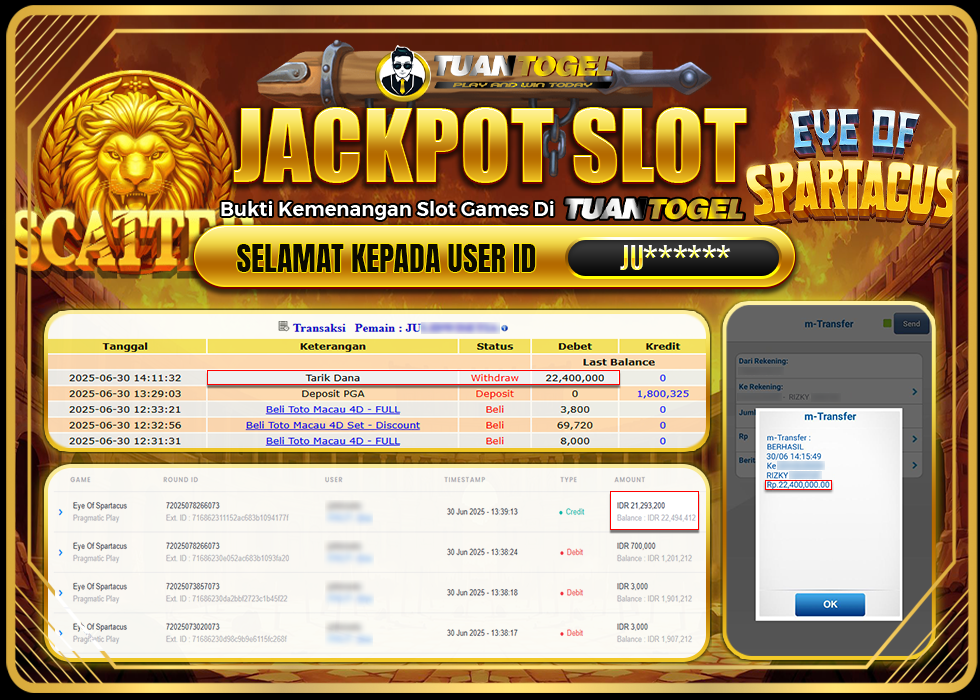 TUANTOGEL JACKPOT SLOT EYE OF SPARTACUS Rp22.400.000   
